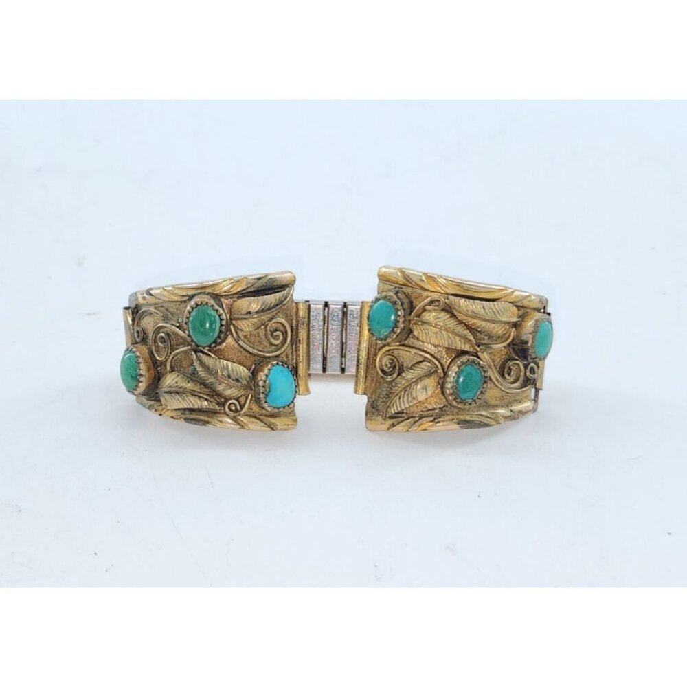 Vintage Signed Glen Adakai Navajo Chunky Watch Tip 12K GF Turquoise Stretch Band